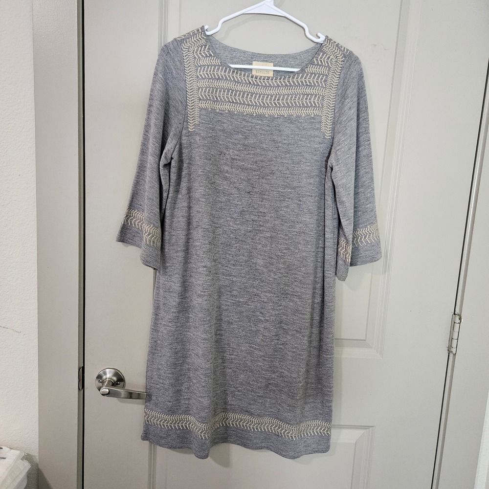 Edme & Esyllte Anthropologie Gray Embroidered Knit Shift Sweater Dress Medium
